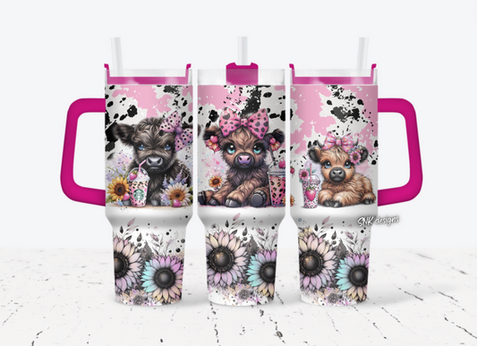 40oz cup - Cow print pink and black Highland cows