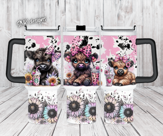 40oz cup - Cow print black and pink Highland cows BLACK handles