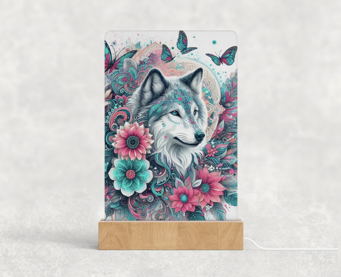 LED acrylic light stand -Pink and turquoise wolf