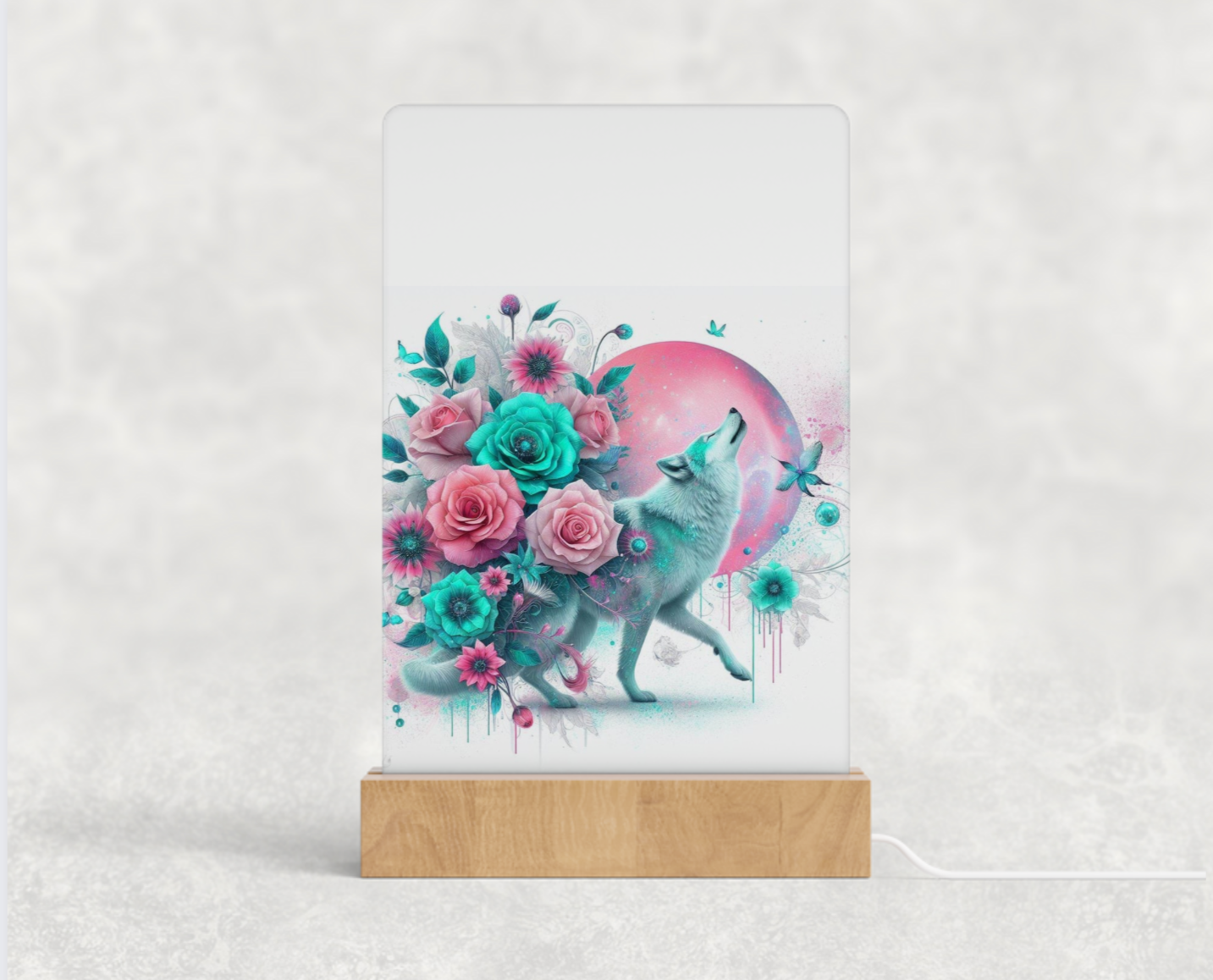 LED acrylic light stand - Turquoise and pink wolf 2