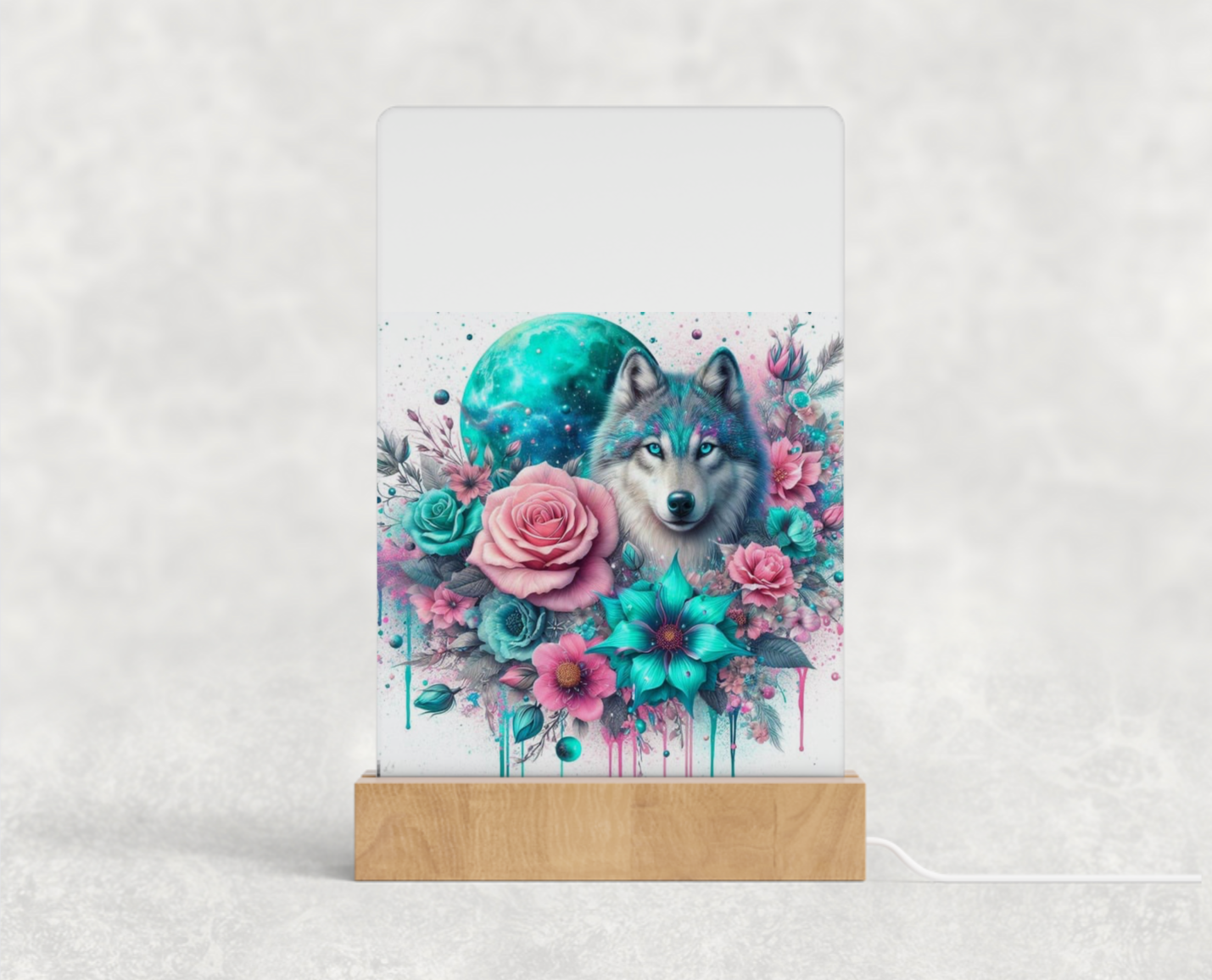 LED acrylic light stand - Turquoise and pink wolf