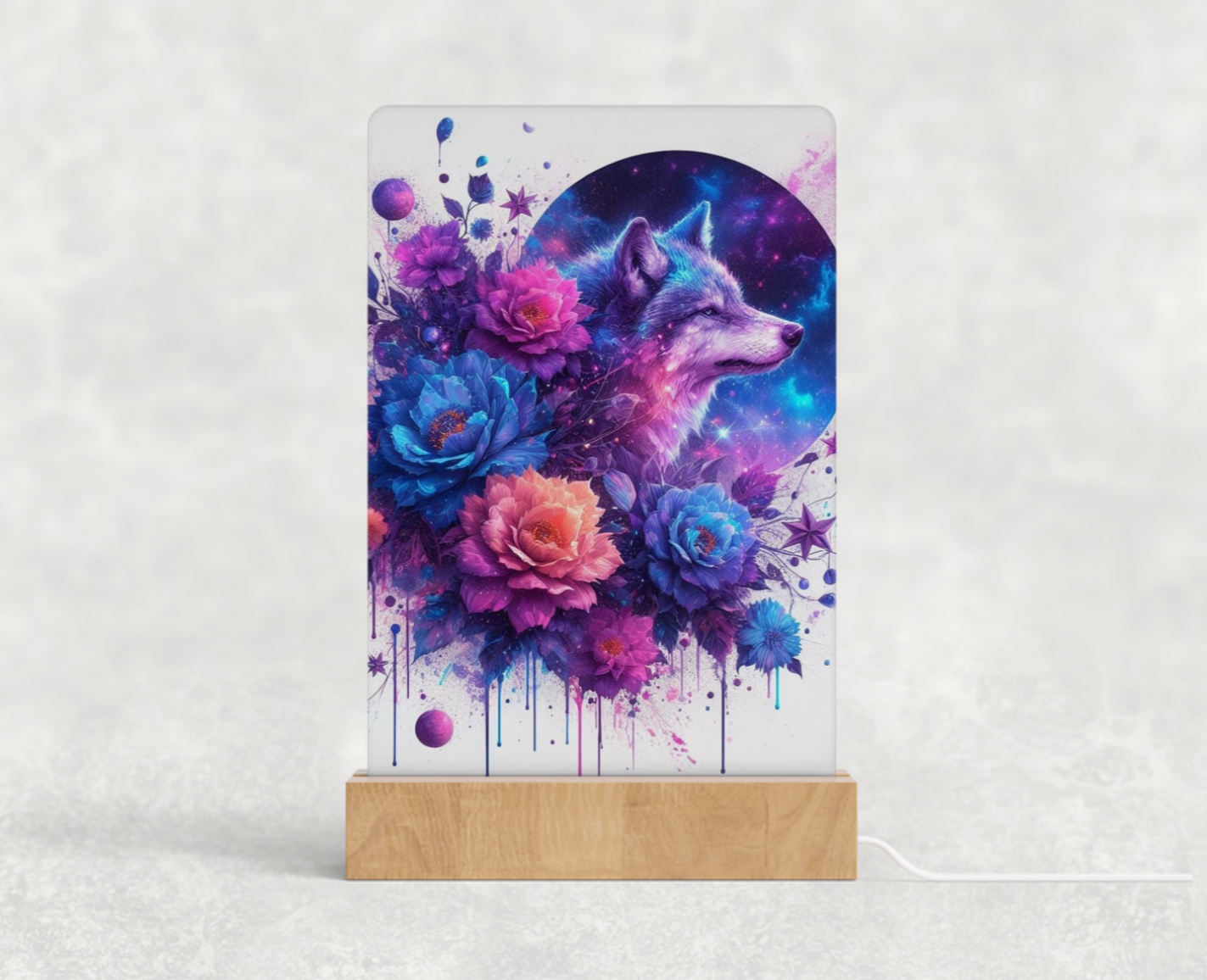 LED acrylic light stand - Orange and purple celestial wolf 2