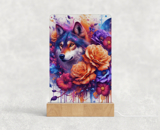 LED acrylic light stand - Orange and purple celestial wolf