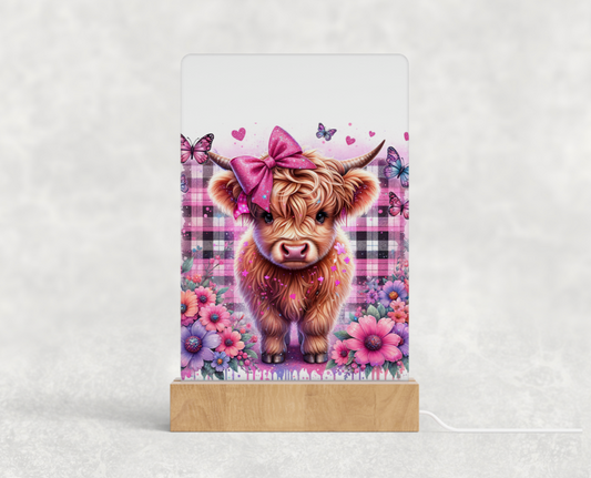 LED acrylic light stand - Cute highland cow with glitter pink bow