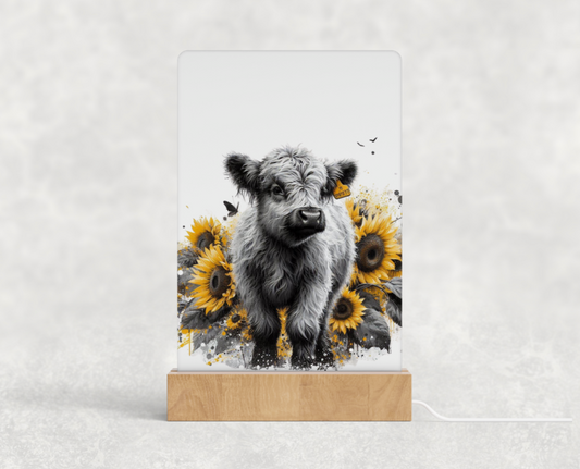 LED acrylic light stand - Highland cow, Yellow sunflower