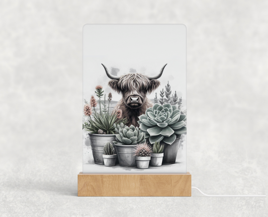 LED acrylic light stand - Highland cow and succulents