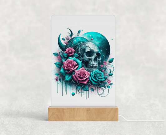 LED acrylic light stand - Turquoise and pink celestial skull