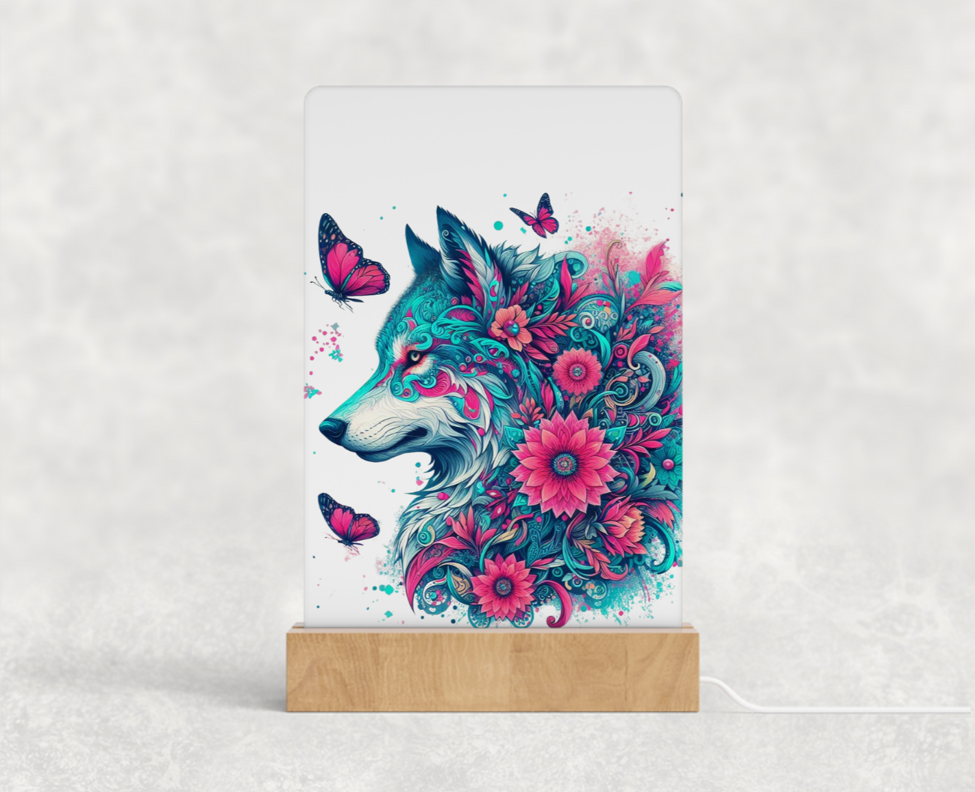 LED acrylic light stand - Turquoise and pink wolf and dream catcher 3