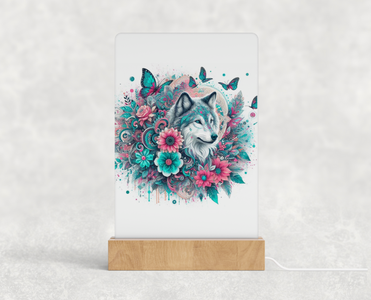 LED acrylic light stand - Turquoise and pink wolf and dream catcher 2