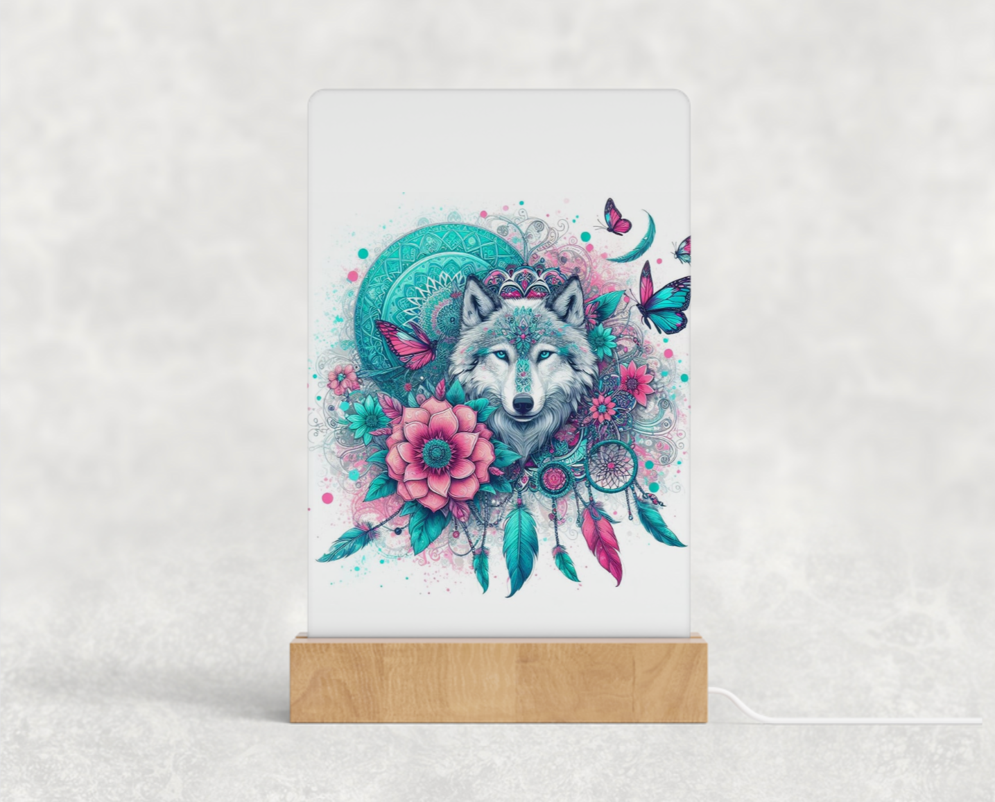 LED acrylic light stand - Turquoise and pink wolf and dream catcher