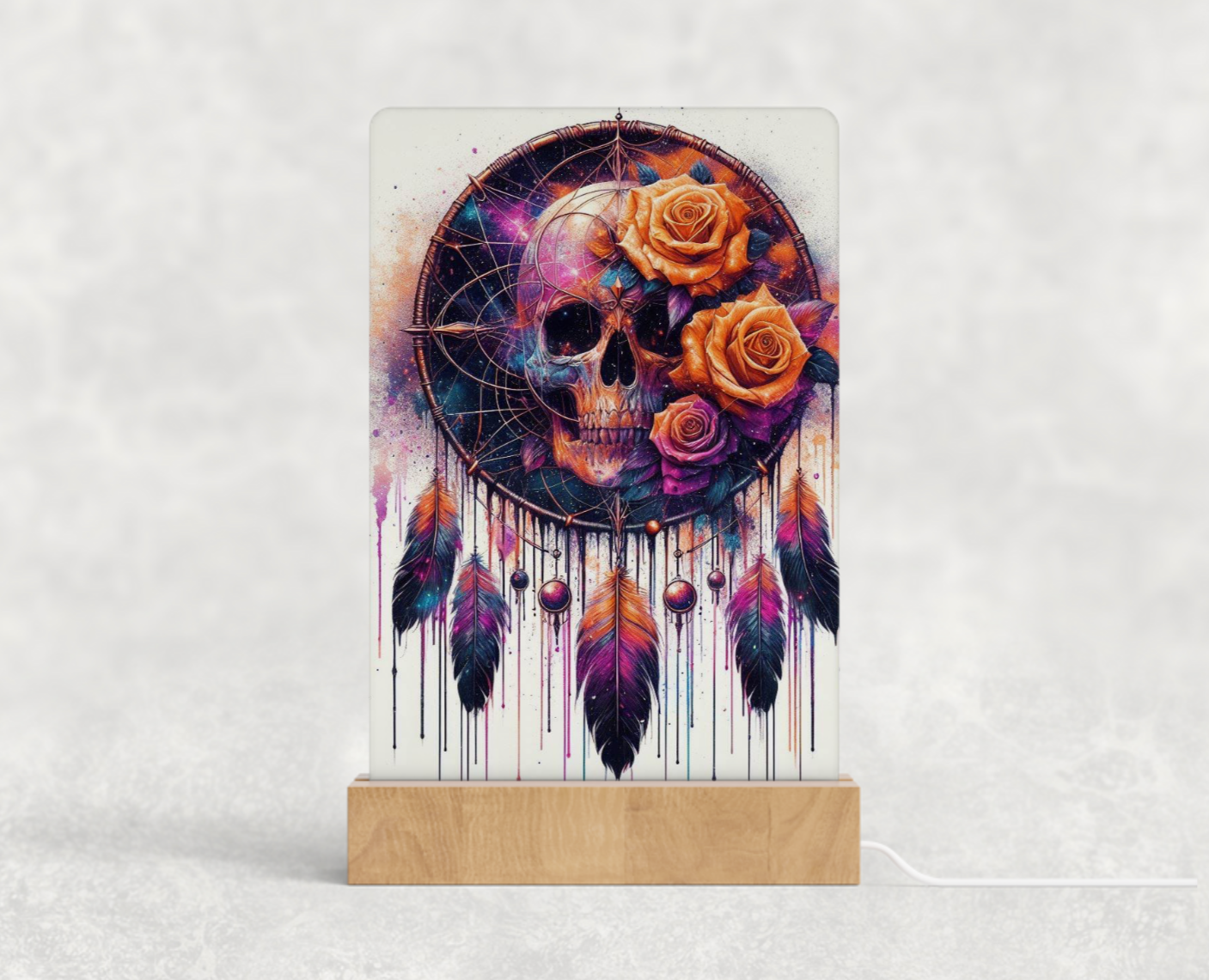 LED acrylic light stand - Orange and purple skull with dream catcher