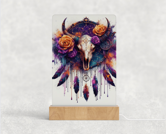 LED acrylic light stand - Orange and purple bull skull with dream catcher