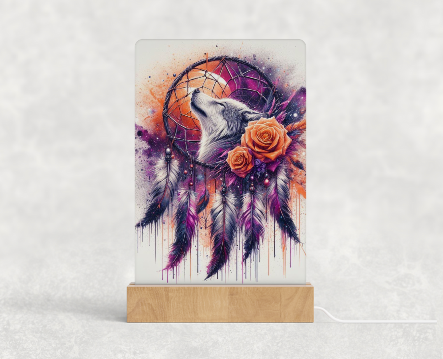 LED acrylic light stand - Orange and purple wolf with dream catcher