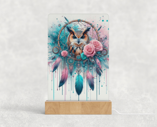 LED acrylic light stand - Turquoise and pink owl and dream catcher