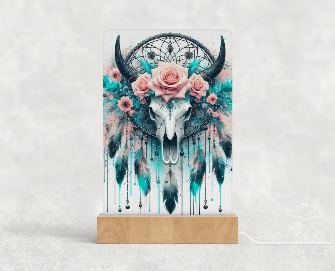 LED acrylic light stand - Turquoise and pink Bull skull and dream catcher