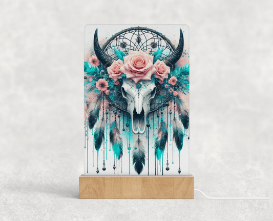 LED acrylic light stand - Turquoise and pink Bull skull and dream catcher