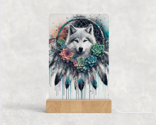 LED acrylic light stand - Turquoise and pink wolf and dream catcher 5