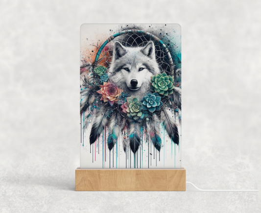 LED acrylic light stand - Turquoise and pink wolf and dream catcher 5