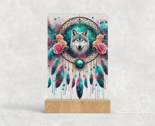 LED acrylic light stand - Turquoise and pink wolf and dream catcher 2