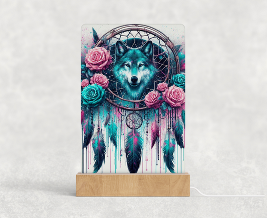 LED acrylic light stand - Turquoise and pink wolf and dream catcher