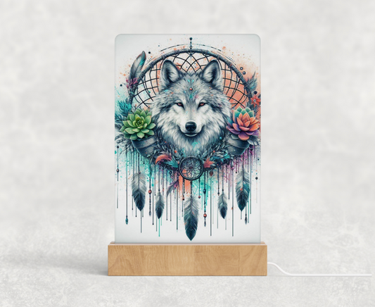 LED acrylic light stand - boho wolf and dream catcher