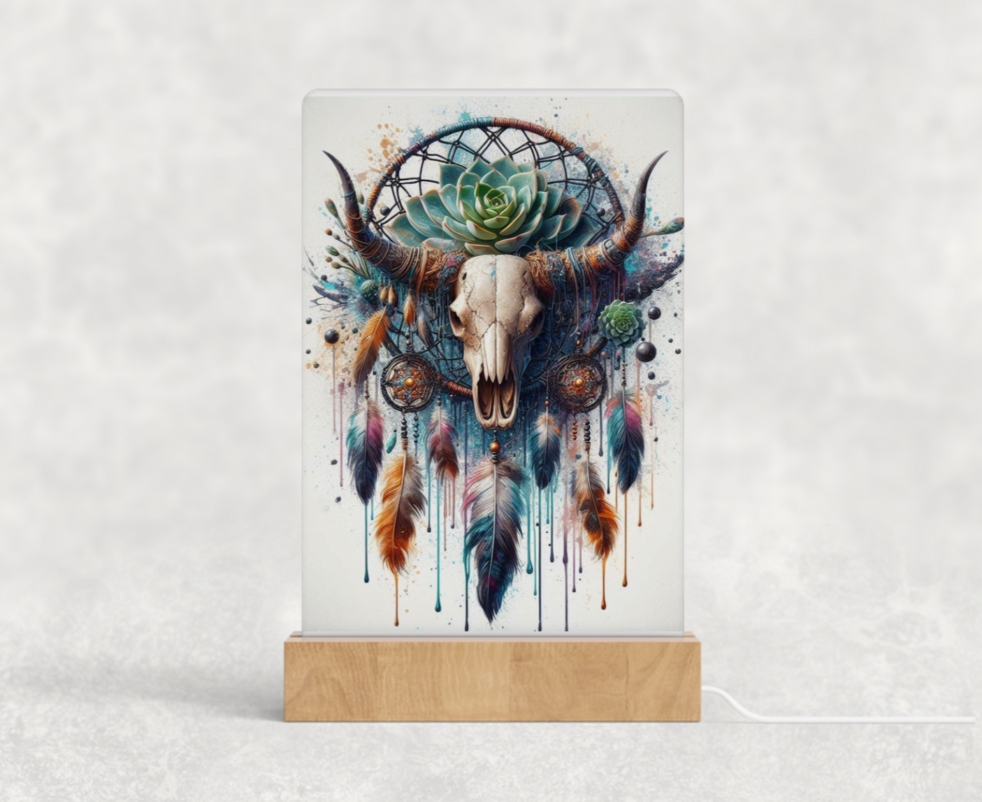 LED acrylic light stand - boho Bull skull and dream catcher 2