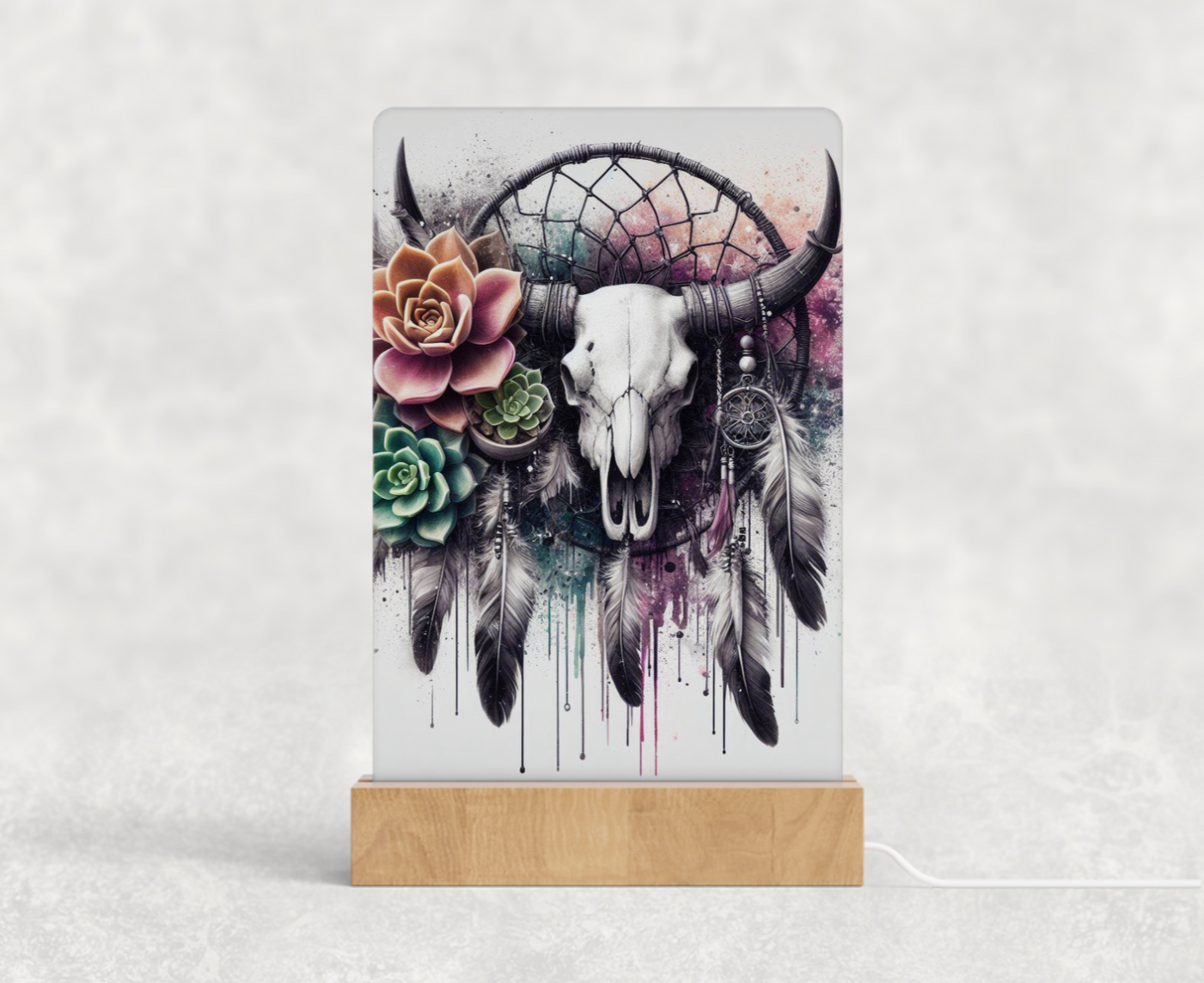 LED acrylic light stand - boho Bull skull and dream catcher