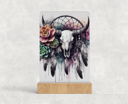 LED acrylic light stand - boho Bull skull and dream catcher