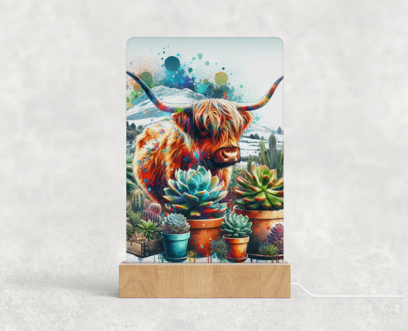 LED acrylic light stand - Highland cow and succulents 3