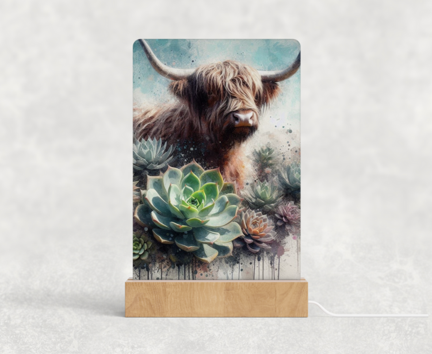 LED acrylic light stand - Highland cow and succulents 2