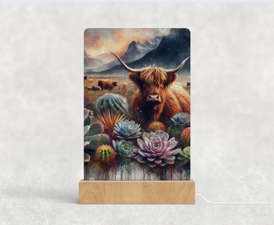 LED acrylic light stand - Highland cow and succulents 1