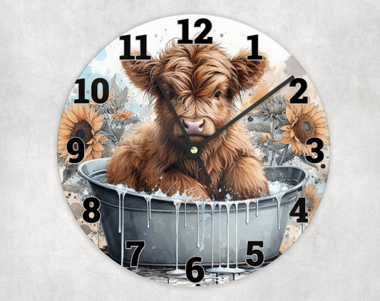 Wooden clock - Cute brown highland cow in a tub - Blue