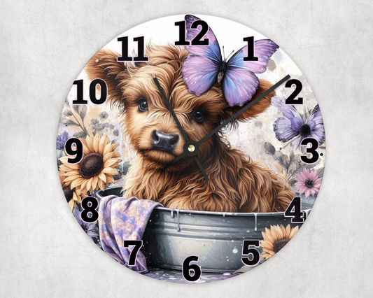 Wooden clock - Cute brown highland cow in a tub - Lilac