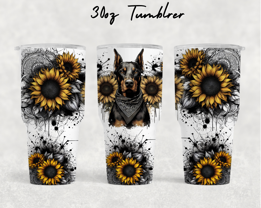 30oz NEW Tumblers - Yellow sunflower Doberman