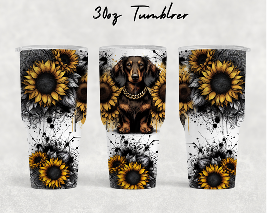 30oz NEW Tumblers - Yellow sunflower fluffy Dachshund