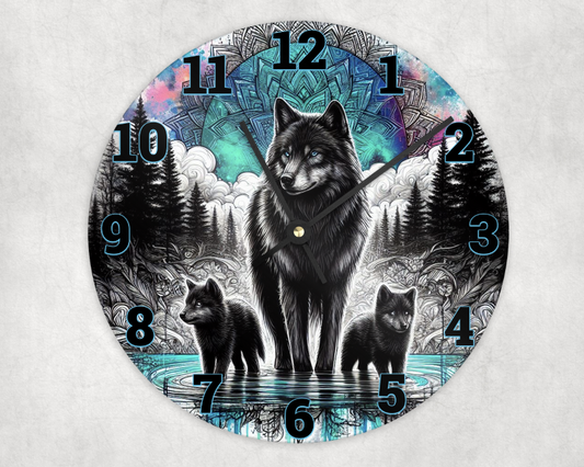 Wooden clock - Blue wolf