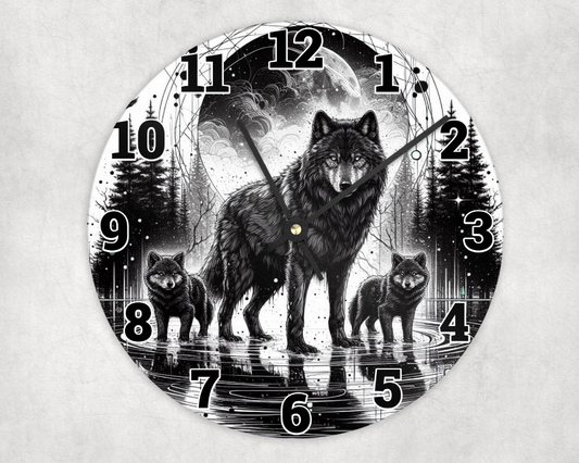 Wooden clock - Black wolf