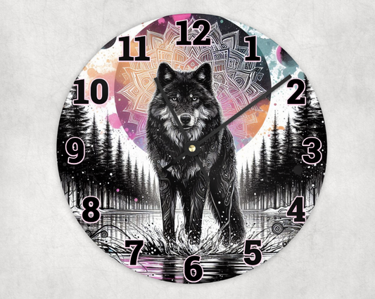 Wooden clock - Pink wolf