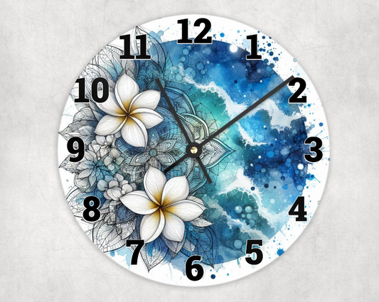 Wooden clock - Ocean blue frangipani  flowers