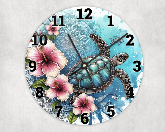 Wooden clock - Ocean blue Turtle frangipani hibiscus flowers