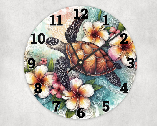 Wooden clock - Turtle frangipani hibiscus flowers