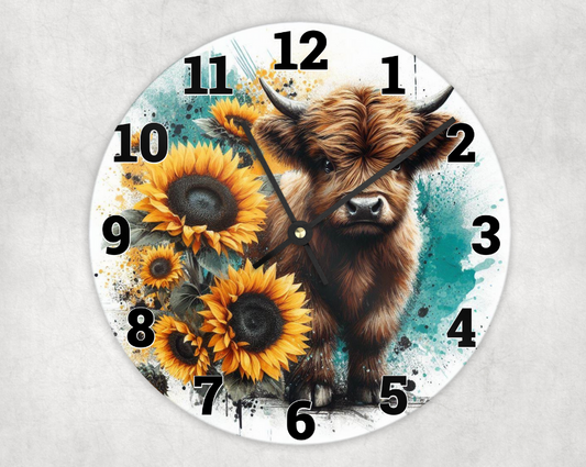 Wooden clock - Yellow sunflowers brown cow