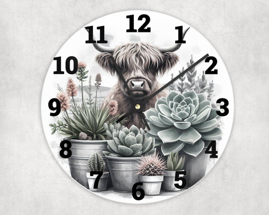 Wooden clock - Boho highland cow with succulent pots