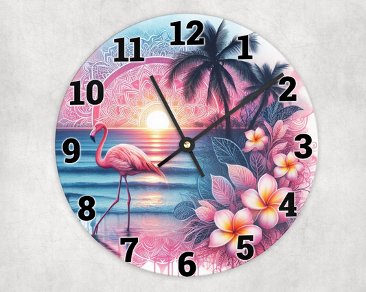 Wooden clock - Flamingoes on a beach