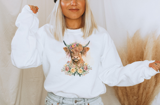 Brown highland cow floral crewneck